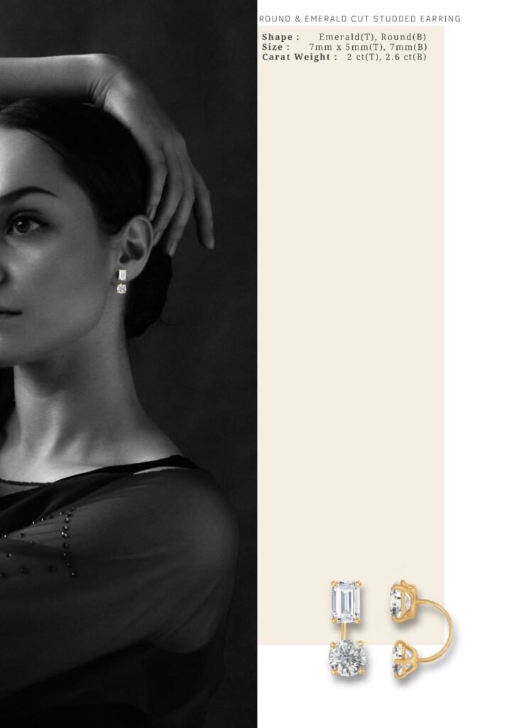 Round and emerald-cut studded earrings provided by a responsible jewelry supplier.