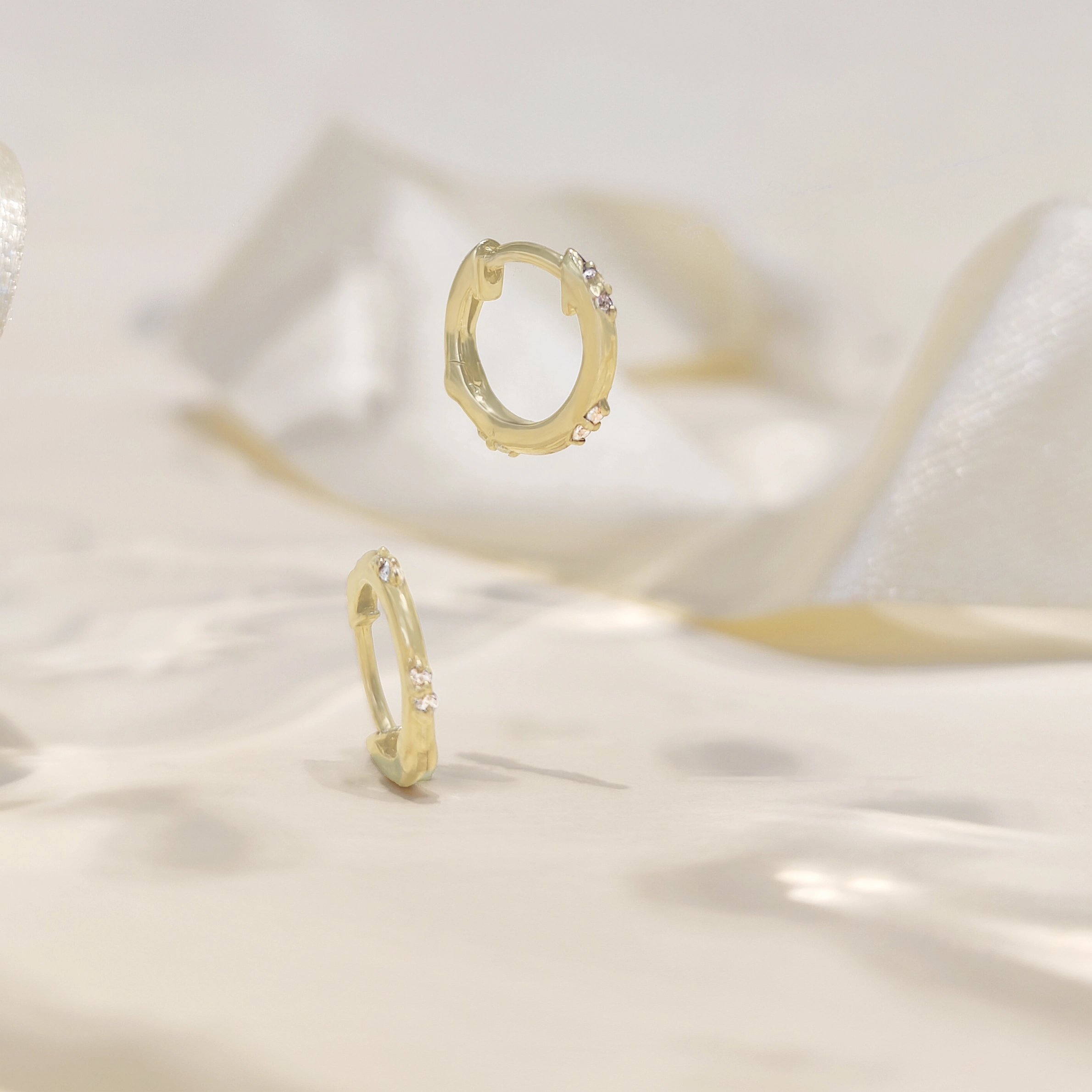 Gold lab grown diamond organic huggie hoop earrings with sculpted minimalist design