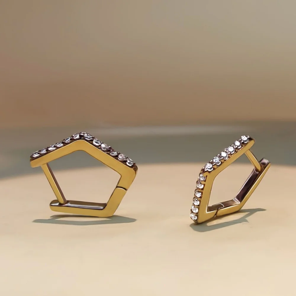 pentagon gold plated sterling silver lab grown diamond huggie earrings geometric