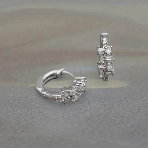 aguette-cut lab grown diamond cluster huggie hoop earrings