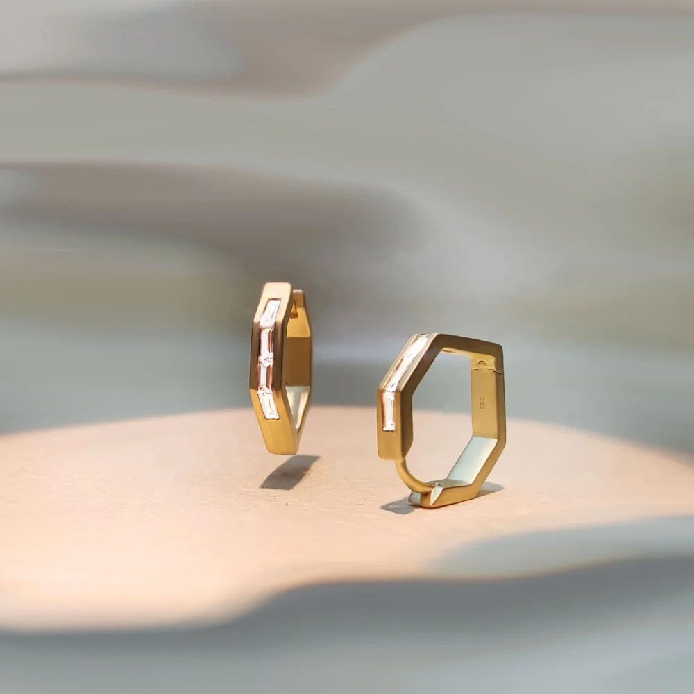 hexagon gold plated sterling silver huggie earrings lab grown diamond pavé