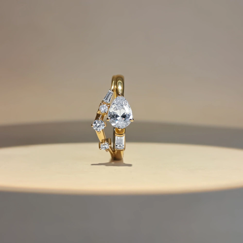 pear lab grown diamond leaf ring gold plated sterling silver 925 baguette