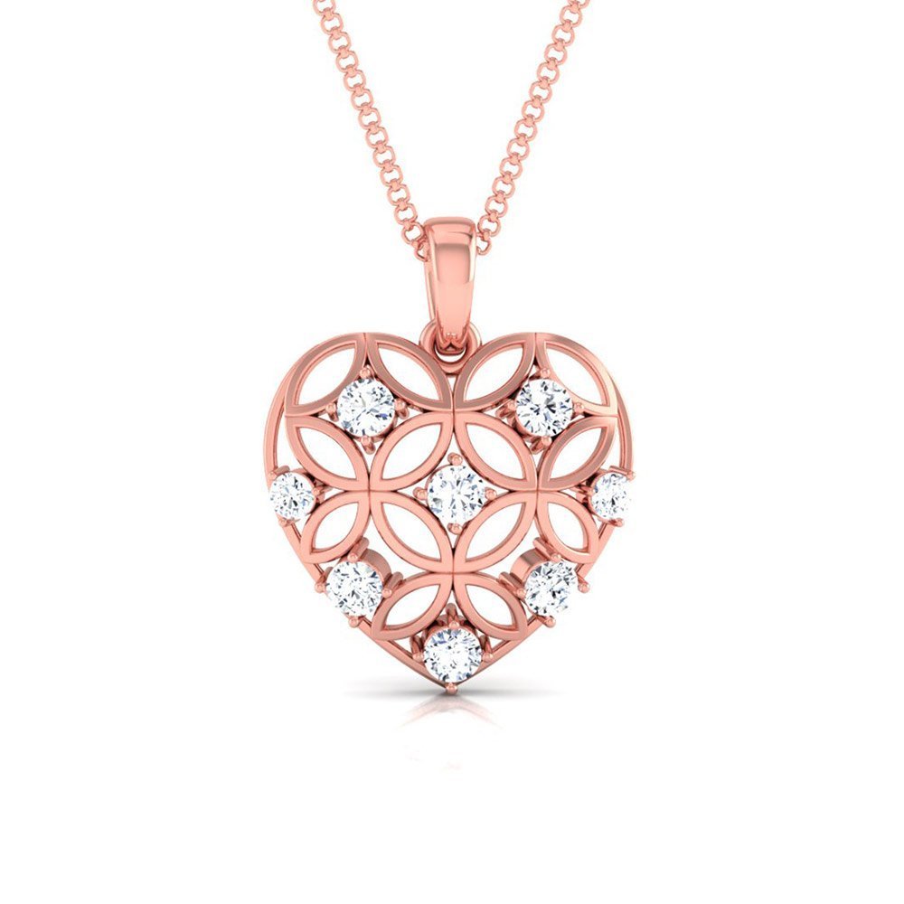 Rose gold heart-shaped pendant with floral pattern and embedded diamonds