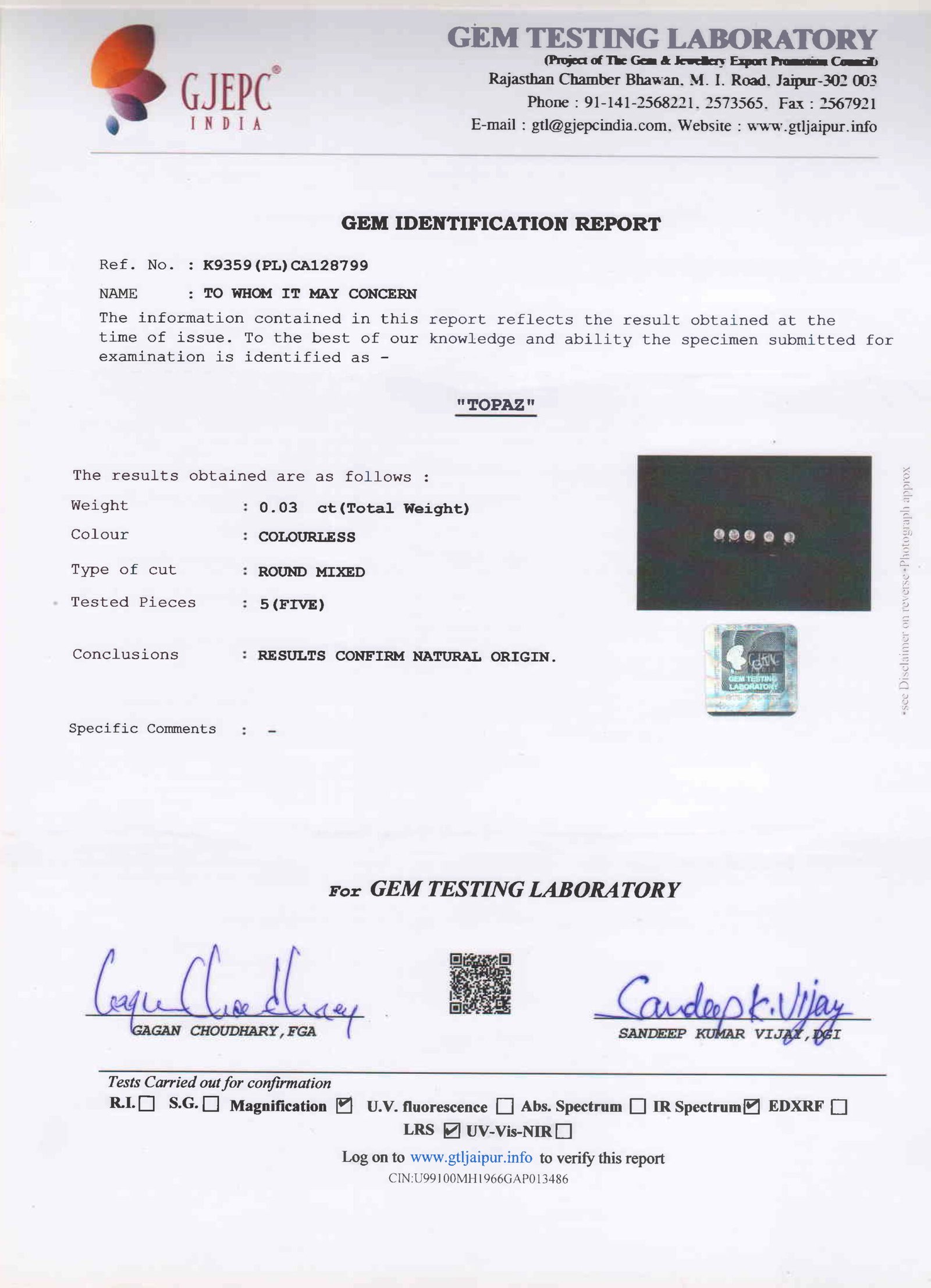 gemstone testing report