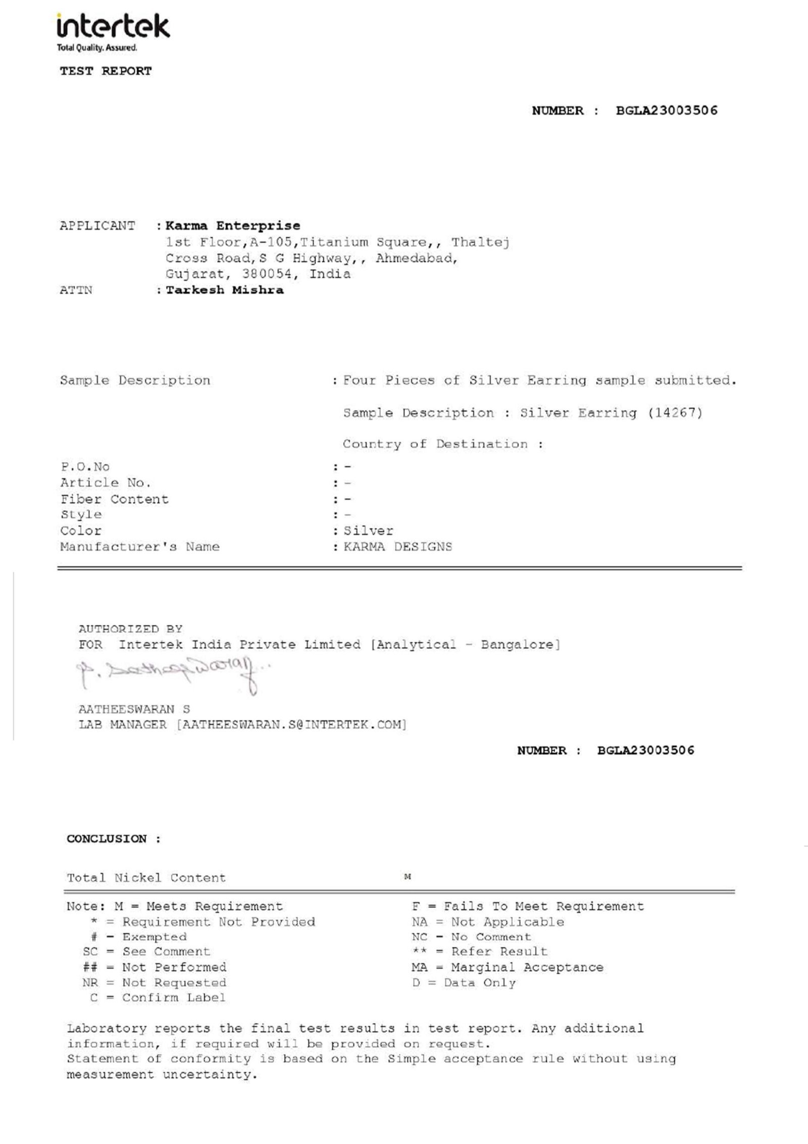 NICKEL CONTENT TEST REPORT​