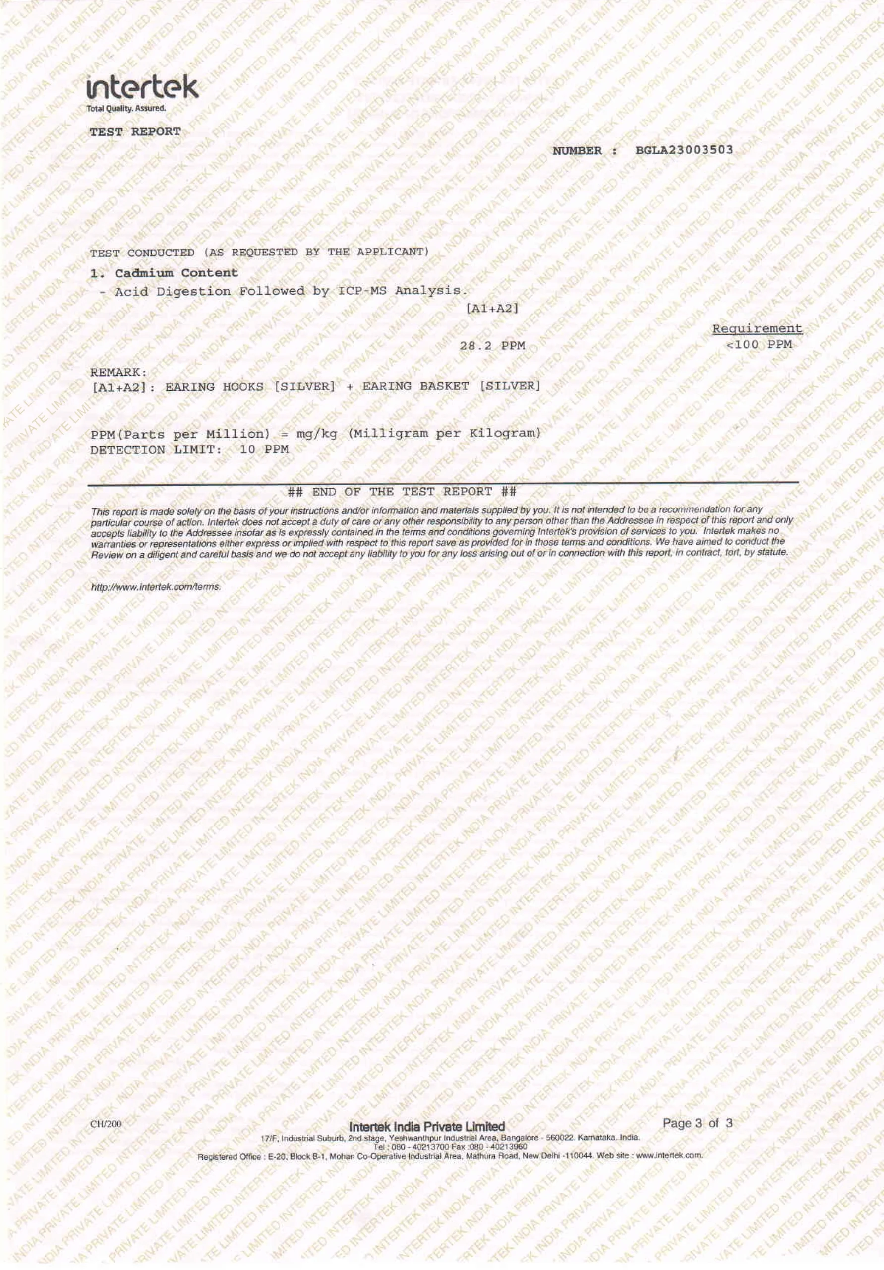 cadmium content in silver test report​