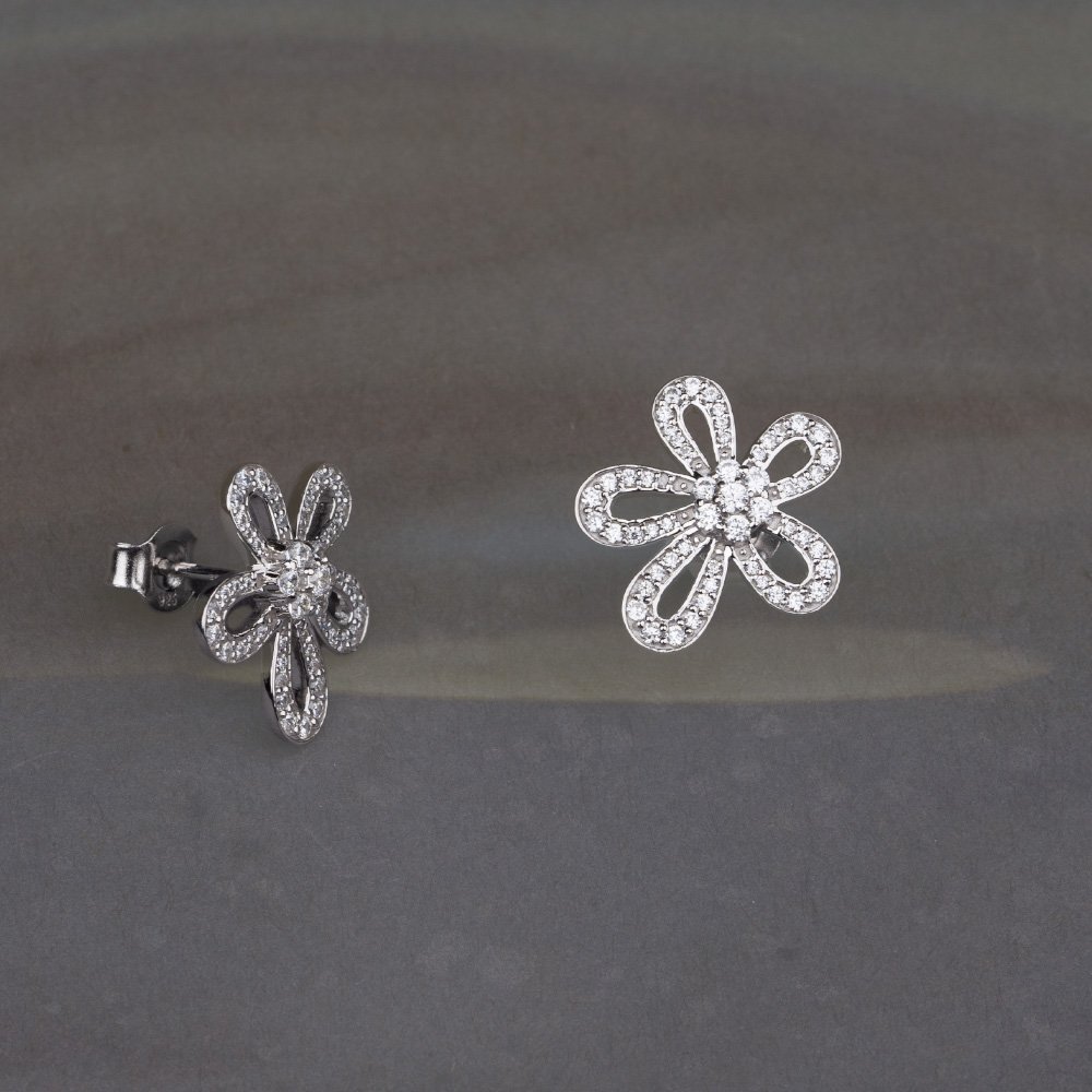 lab grown diamond flower stud earrings sterling silver 925 pavé floral