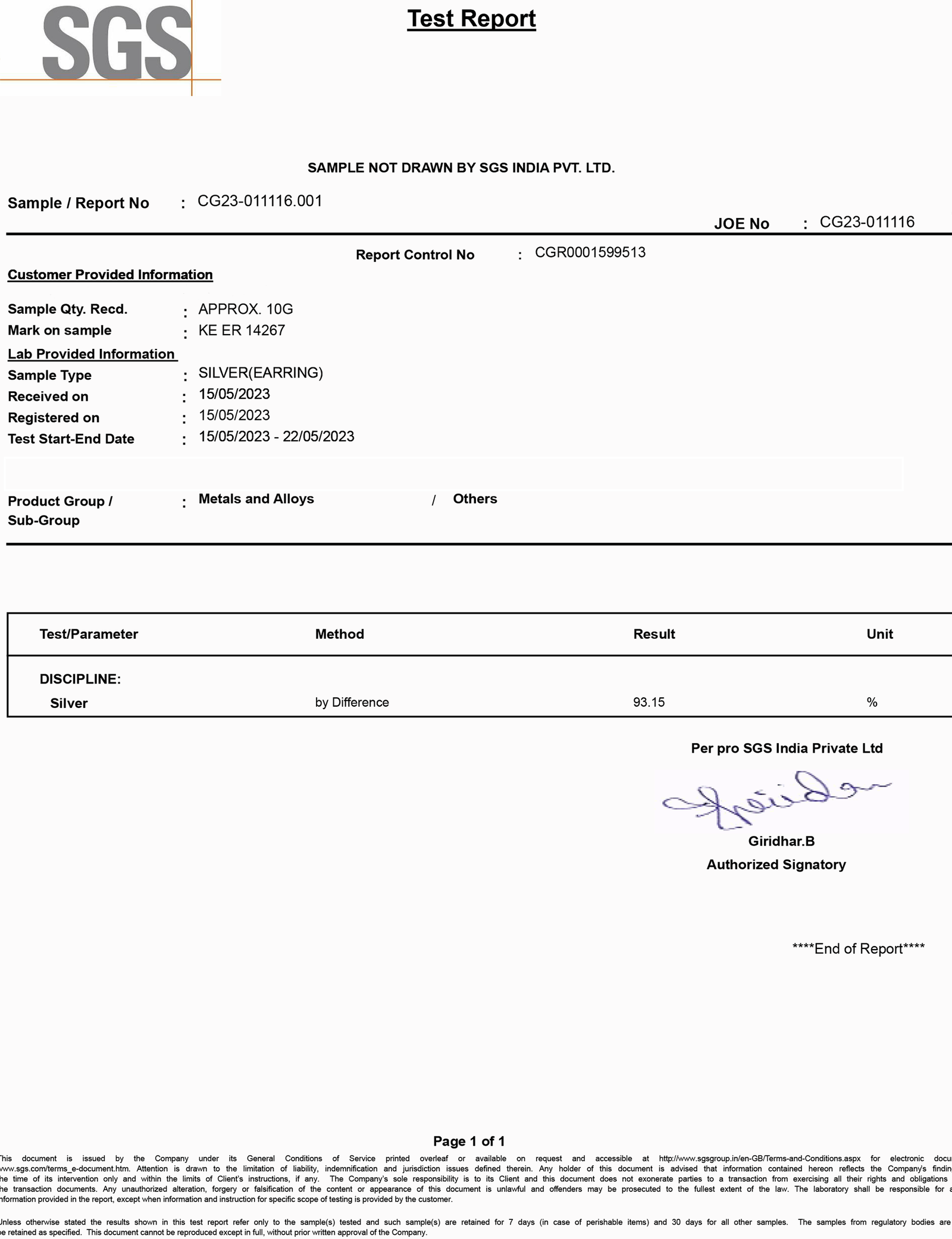 Silver Purity Test Report